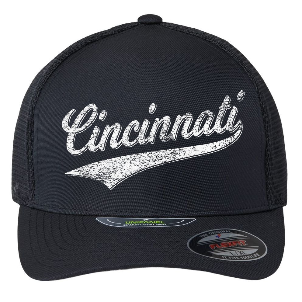 Cincinnati Ohio Retro Script Sports Jersey Flag Flexfit Unipanel Trucker Cap