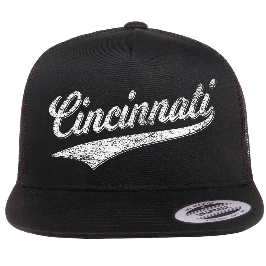 Cincinnati Ohio Retro Script Sports Jersey Flag Flat Bill Trucker Hat