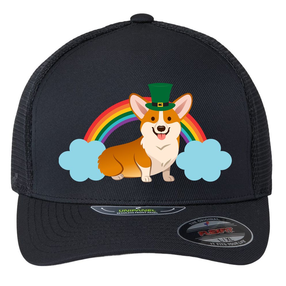 Corgi St. Patrick's Day Rainbow Flexfit Unipanel Trucker Cap