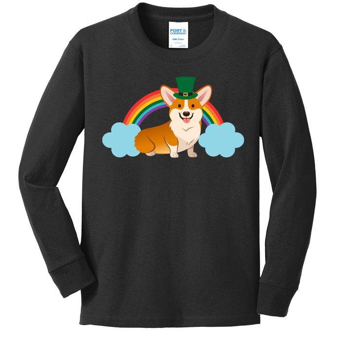 Corgi St. Patrick's Day Rainbow Kids Long Sleeve Shirt