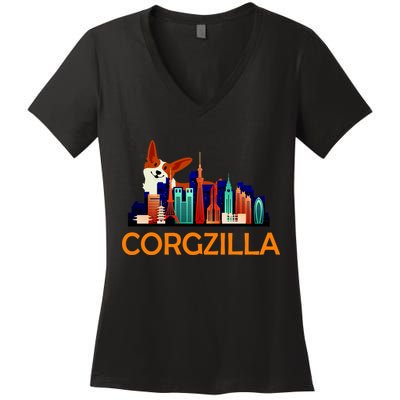 Corgzilla Funny Corgi Dog Women's V-Neck T-Shirt