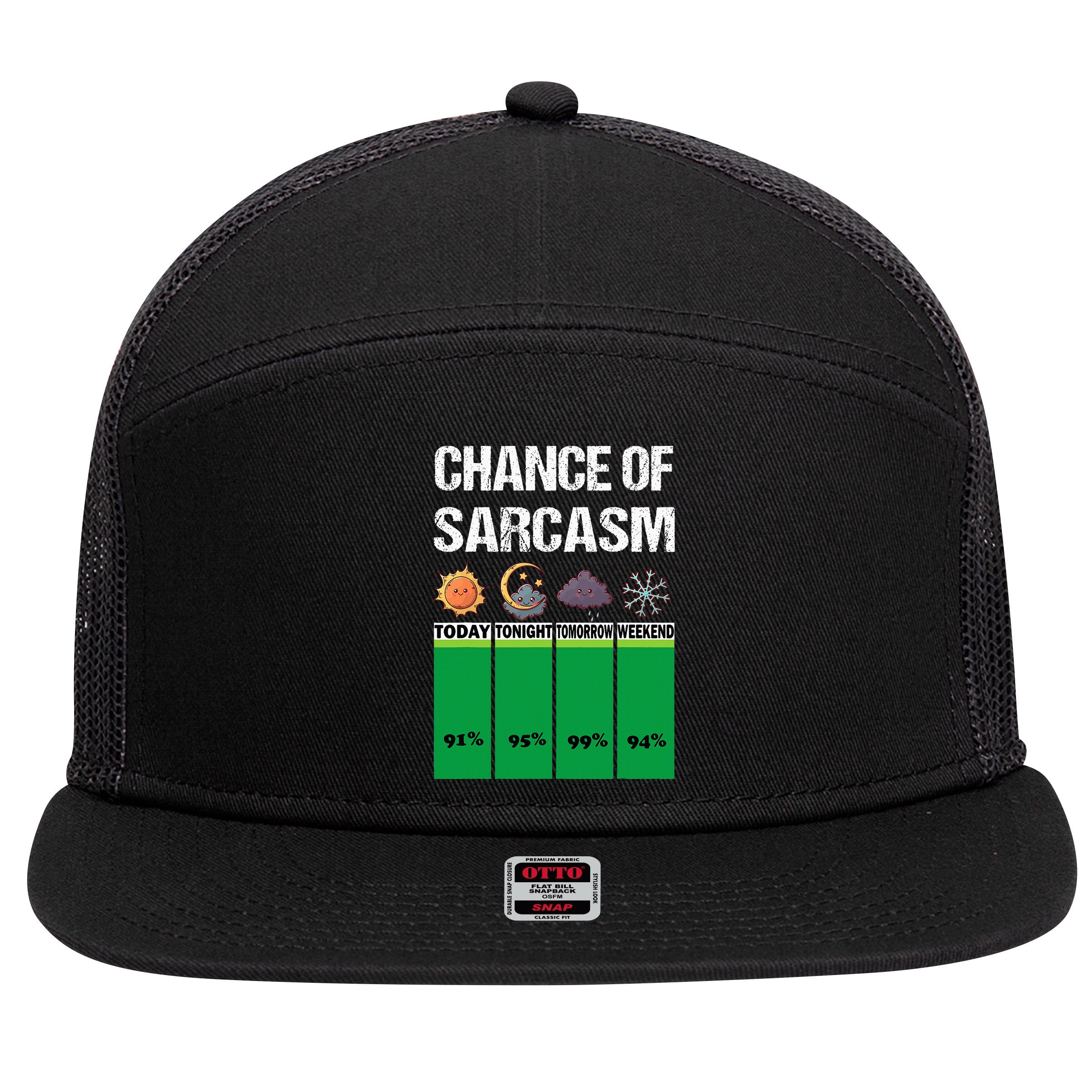 chance of sarcasm weather funny weather 7 Panel Mesh Trucker Snapback Hat
