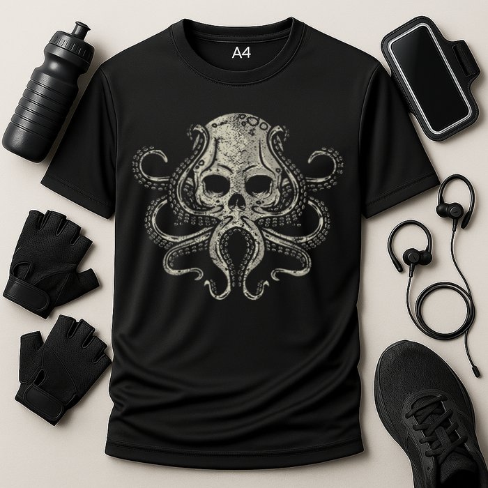 Creepy Octopus Skull Sea Monster Kraken Scuba Diver Goth Cooling Performance Crew T-Shirt