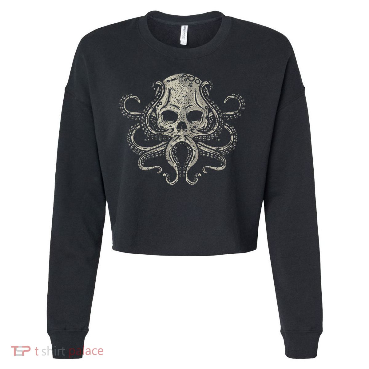 Creepy Octopus Skull Sea Monster Kraken Scuba Diver Goth Cropped Pullover Crew