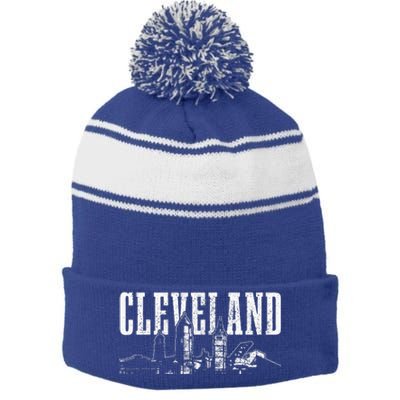 Cleveland Ohio Skyline Pride Vintage Cleveland Stripe Pom Pom Beanie