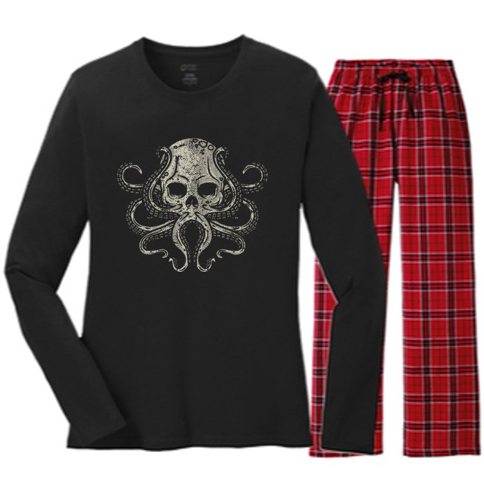 Creepy Octopus Skull Sea Monster Kraken Scuba Diver Goth Women's Long Sleeve Flannel Pajama Set 