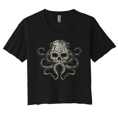 Creepy Octopus Skull Sea Monster Kraken Scuba Diver Goth Women's Crop Top Tee