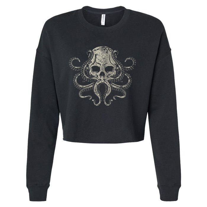 Creepy Octopus Skull Sea Monster Kraken Scuba Diver Goth Cropped Pullover Crew