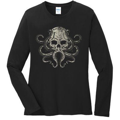 Creepy Octopus Skull Sea Monster Kraken Scuba Diver Goth Ladies Long Sleeve Shirt