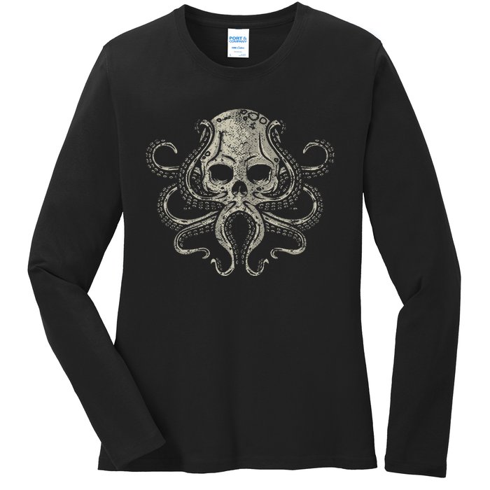 Creepy Octopus Skull Sea Monster Kraken Scuba Diver Goth Ladies Long Sleeve Shirt