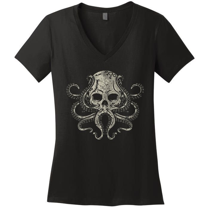 Creepy Octopus Skull Sea Monster Kraken Scuba Diver Goth Women's V-Neck T-Shirt