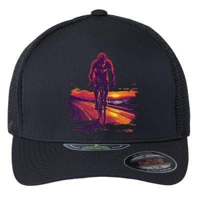 Cyclist On Scenic Road At Sunset Flexfit Unipanel Trucker Cap