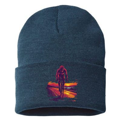 Cyclist On Scenic Road At Sunset Sustainable Knit Beanie