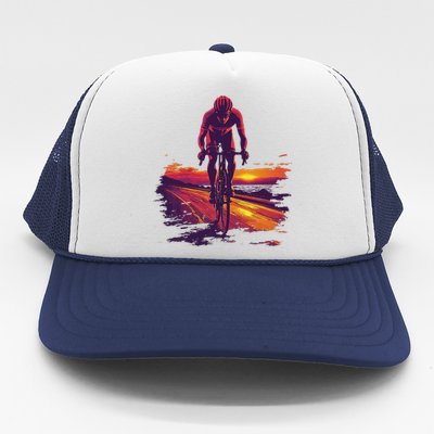 Cyclist On Scenic Road At Sunset Trucker Hat