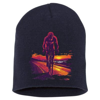 Cyclist On Scenic Road At Sunset Short Acrylic Beanie