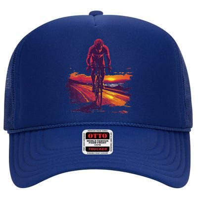 Cyclist On Scenic Road At Sunset High Crown Mesh Back Trucker Hat