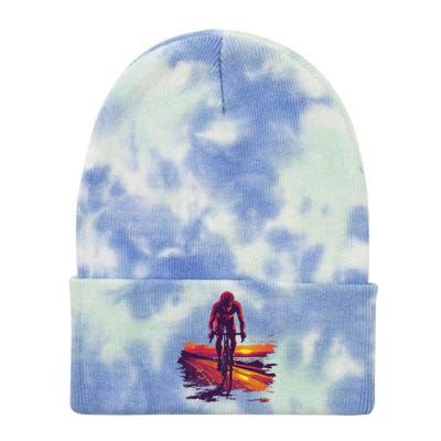 Cyclist On Scenic Road At Sunset Tie Dye 12in Knit Beanie