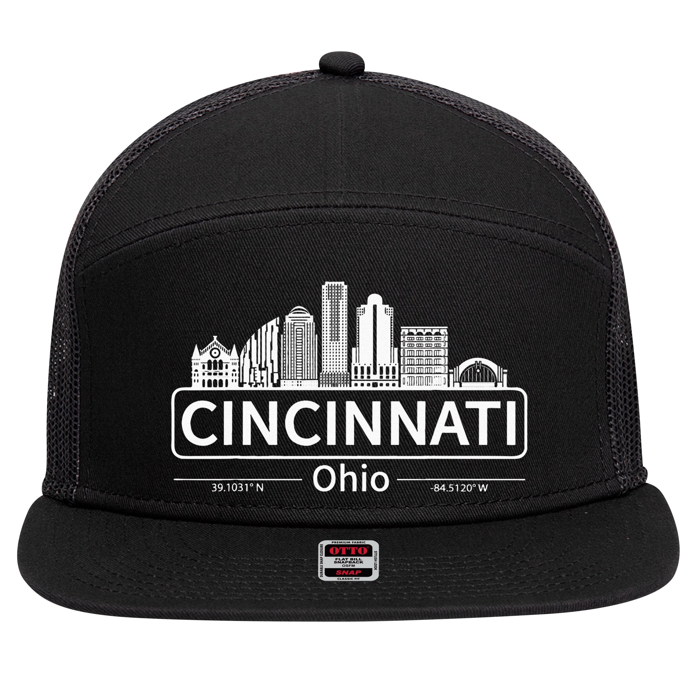 Cincinnati Ohio Skyline Travel To Cincinnati 7 Panel Mesh Trucker Snapback Hat