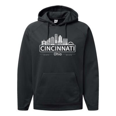 Cincinnati Ohio Skyline Travel To Cincinnati Performance Fleece Hoodie