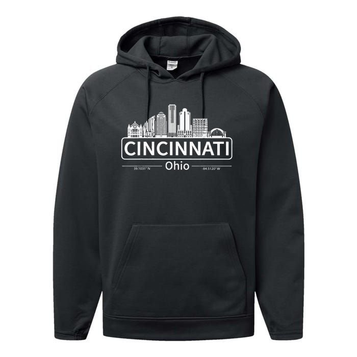 Cincinnati Ohio Skyline Travel To Cincinnati Performance Fleece Hoodie