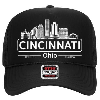 Cincinnati Ohio Skyline Travel To Cincinnati High Crown Mesh Back Trucker Hat