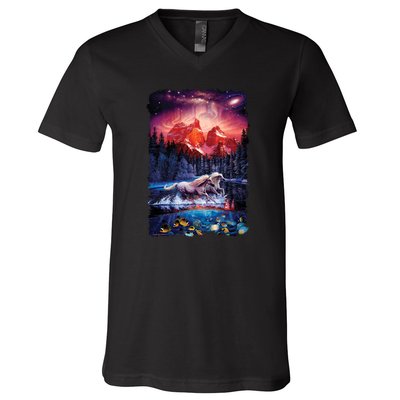 Cosmic Fantasy Unicorns In Another World V-Neck T-Shirt