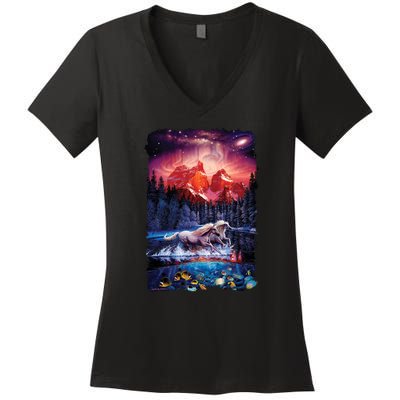 Cosmic Fantasy Unicorns In Another World Women's V-Neck T-Shirt