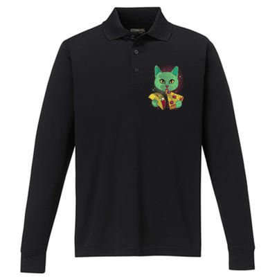 Cosmic Pizza Taco Space Cat Performance Long Sleeve Polo