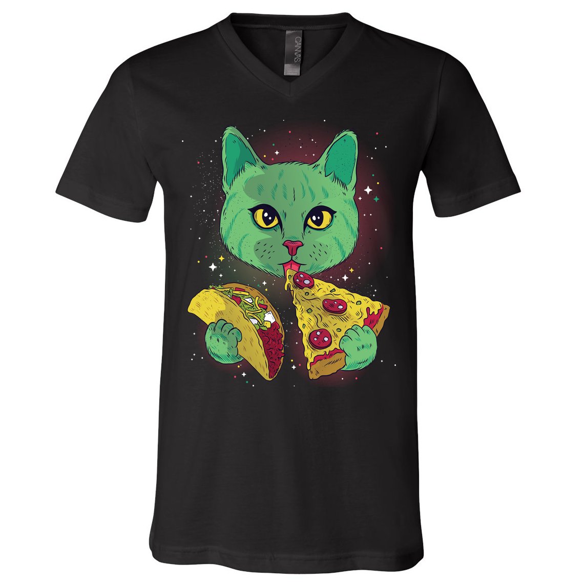 Cosmic Pizza Taco Space Cat V-Neck T-Shirt