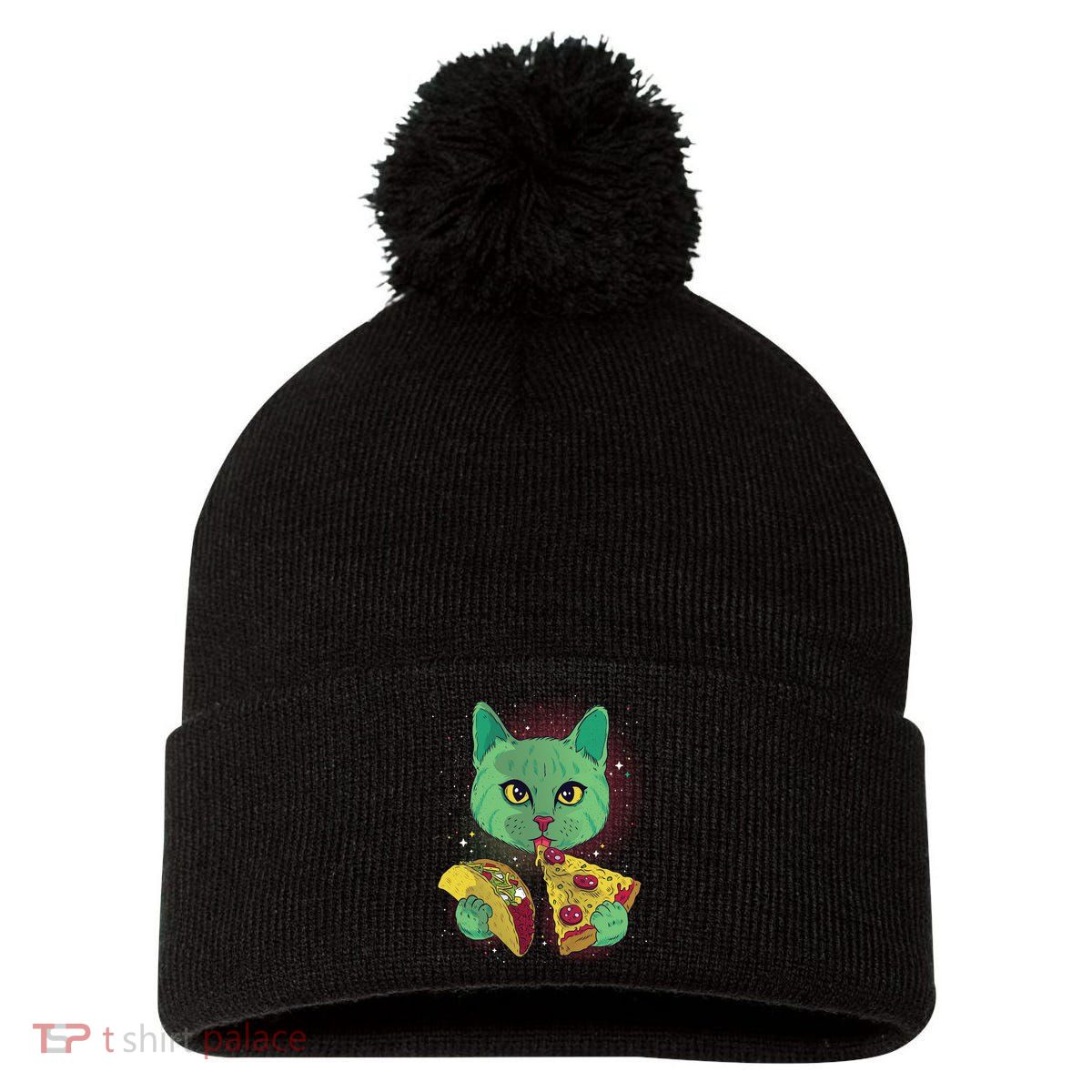 Cosmic Pizza Taco Space Cat Pom Pom 12in Knit Beanie