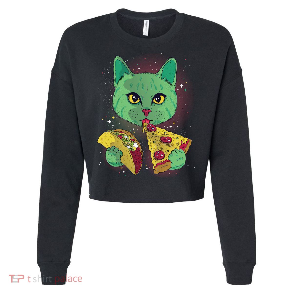 Cosmic Pizza Taco Space Cat Cropped Pullover Crew