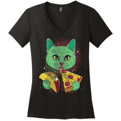 Cosmic Pizza Taco Space Cat Women's V-Neck T-Shirt