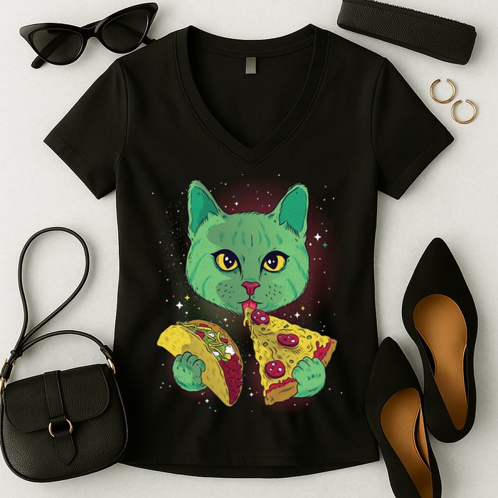 Cosmic Pizza Taco Space Cat Women's V-Neck T-Shirt