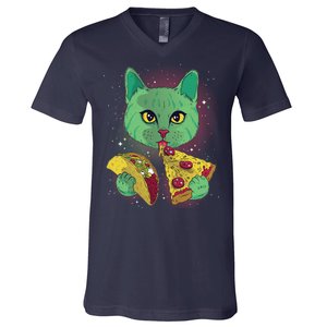 Cosmic Pizza Taco Space Cat V-Neck T-Shirt