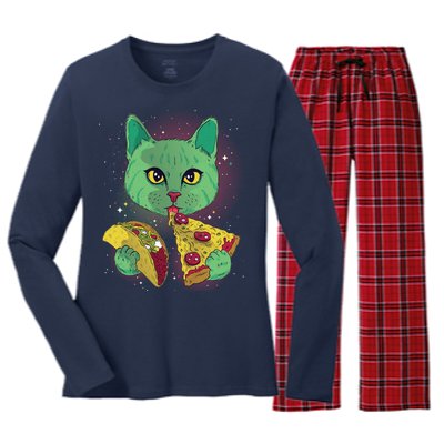 Cosmic Pizza Taco Space Cat Women's Long Sleeve Flannel Pajama Set 