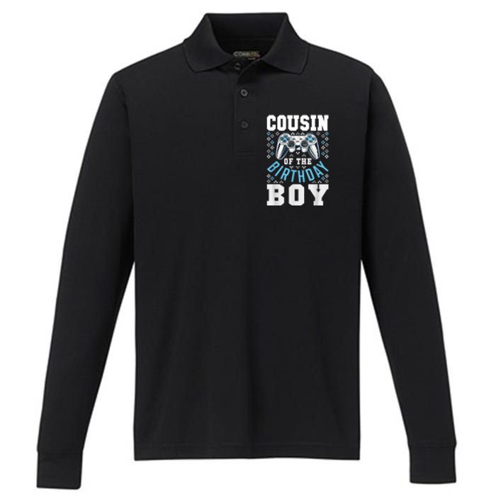 Cousin Of The Birthday Boy Matching Video Gamer Birthday Performance Long Sleeve Polo