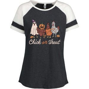 Chick Or Treat Halloween Witch Spooky Chicken Enza Ladies Jersey Colorblock Tee