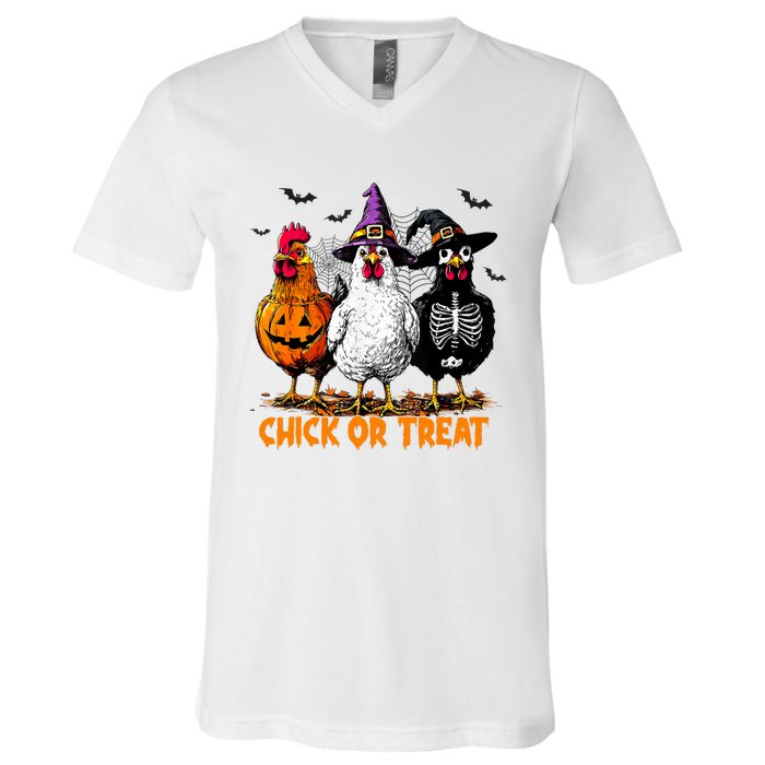 Chick Or Treat Spooky Chicken Witch Halloween Costume V-Neck T-Shirt