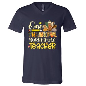 Cute One Thankful Substitute Teacher Turkey Leopard V-Neck T-Shirt