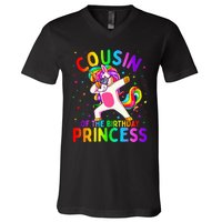 Cousin of the Birthday Princess Dabbing Unicorn V-Neck T-Shirt