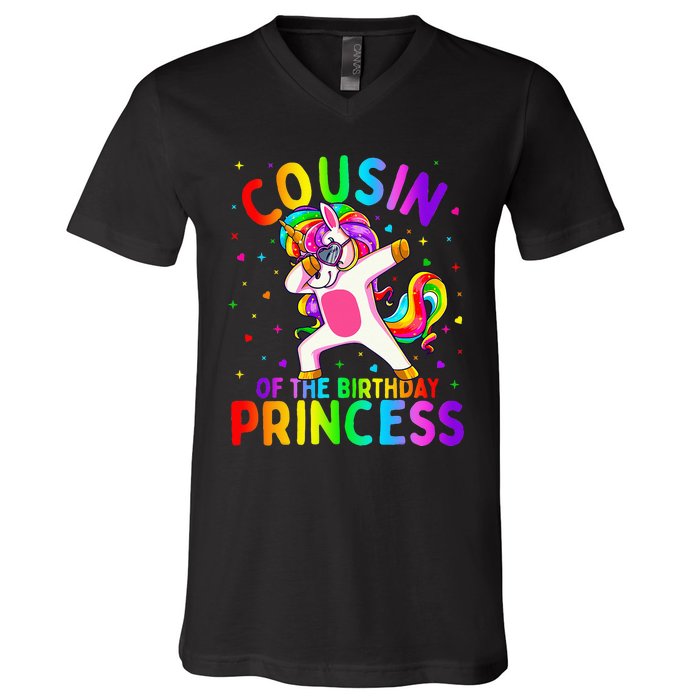 Cousin of the Birthday Princess Dabbing Unicorn V-Neck T-Shirt