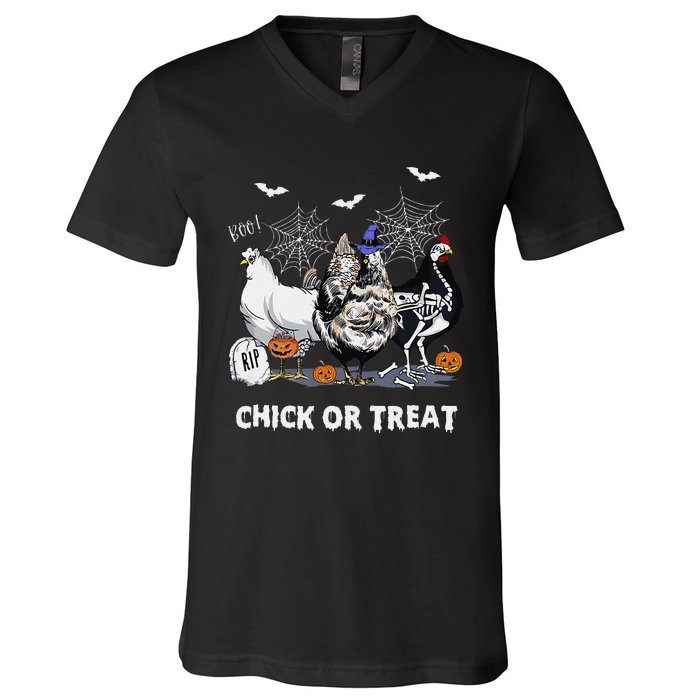 Chick Or Treat Skeleton Chicken Halloween Pumpkin V-Neck T-Shirt