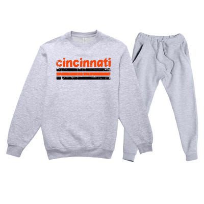 Cincinnati Ohio Three Stripe Vintage Weathered Premium Crewneck Sweatsuit Set