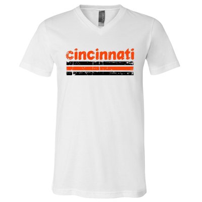 Cincinnati Ohio Three Stripe Vintage Weathered V-Neck T-Shirt