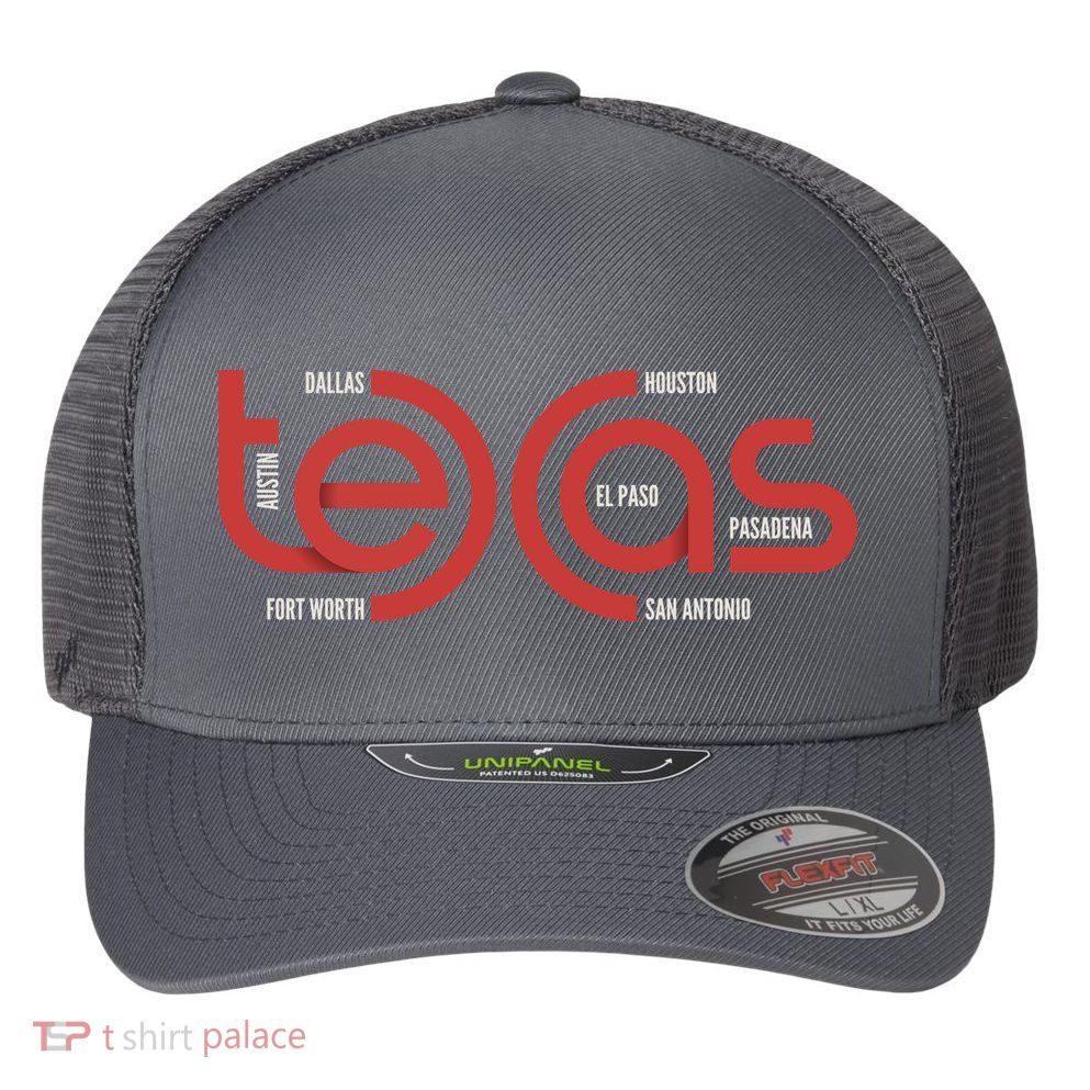 Cities Of Texas Logo Flexfit Unipanel Trucker Cap