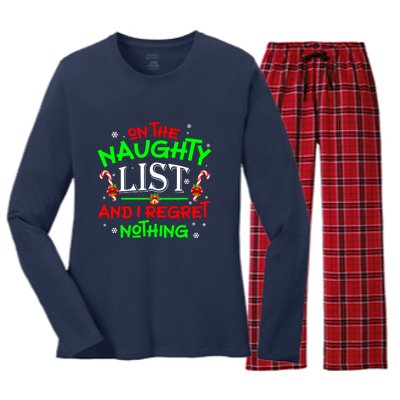 Christmas On The Naughty List And I Regret Nothing Funny Xmas Gift Women's Long Sleeve Flannel Pajama Set 