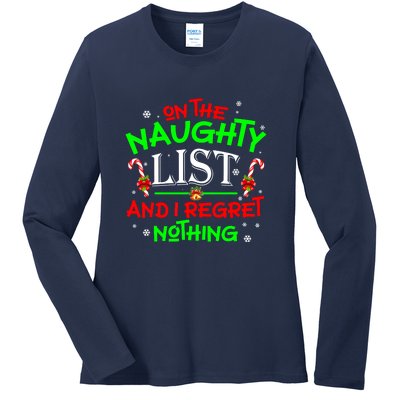 Christmas On The Naughty List And I Regret Nothing Funny Xmas Gift Ladies Long Sleeve Shirt