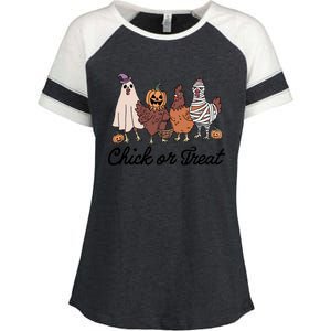 Chick Or Treat Halloween Witch Spooky Chicken Enza Ladies Jersey Colorblock Tee