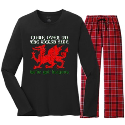 Come Over To The Welsh Side Red Dragon Flag Of Wales Rugby Women's Long Sleeve Flannel Pajama Set 