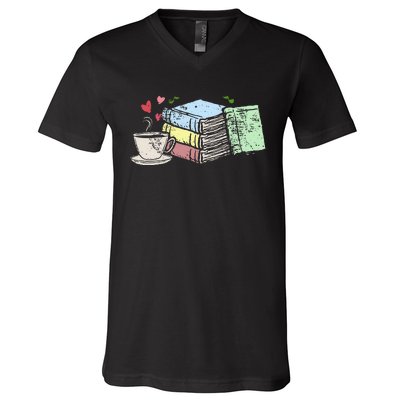 Cup Of Tea Coffee And Book Lover V-Neck T-Shirt